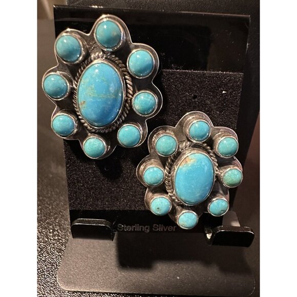 Zia Sterling Silver 925 Large Turquoise Cluster Pierced Earrings NEW - Picture 2 of 7